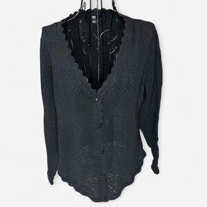 Frye Women’s Black Pointelle Knit Scallop Trim Cardigan Size Large V-Neck